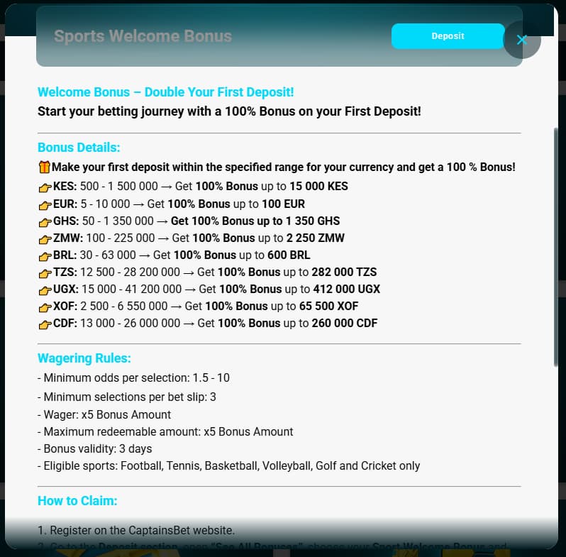 CaptainsBet velkomstbonus for nye spillere i Norge