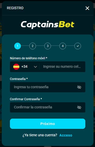 Registro de una nueva cuenta en CaptainsBet España